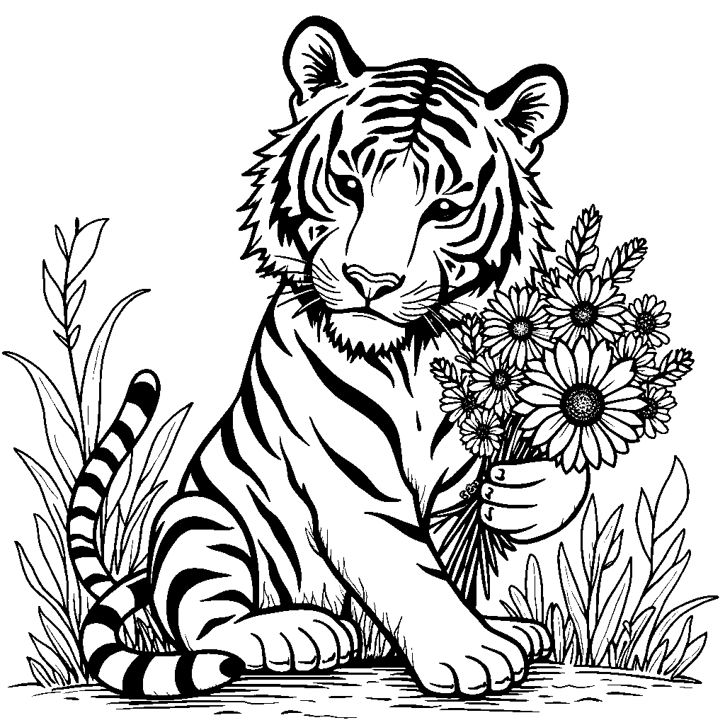 Tiger holding a bouquet of flowers