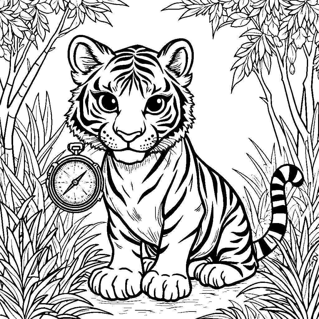 Tiger holding a compass and going on a treasure hunt