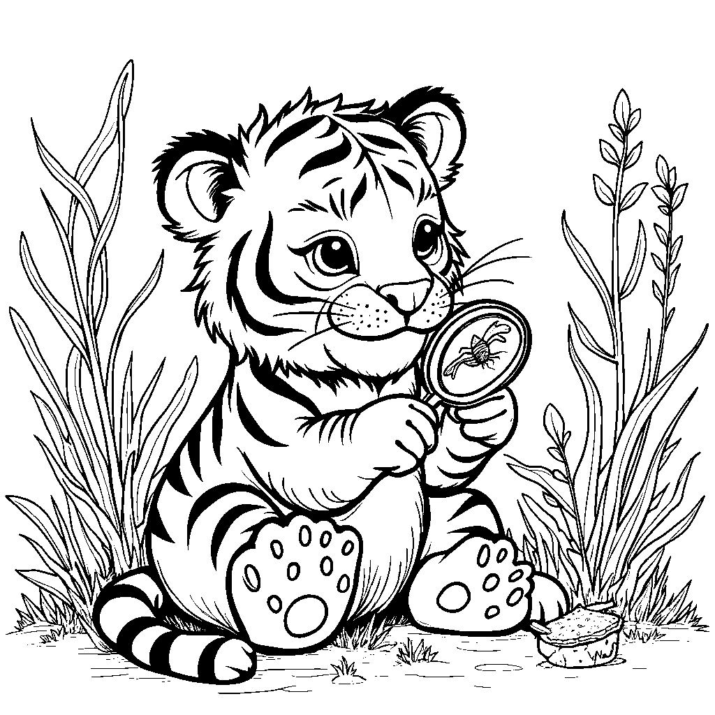 Tiger holding a magnifying glass and exploring nature