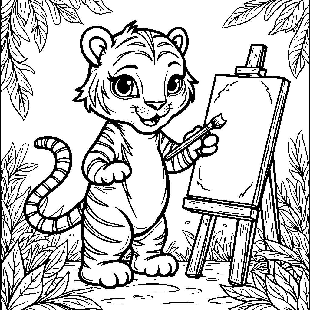 Tiger holding a paintbrush and standing in front of an easel