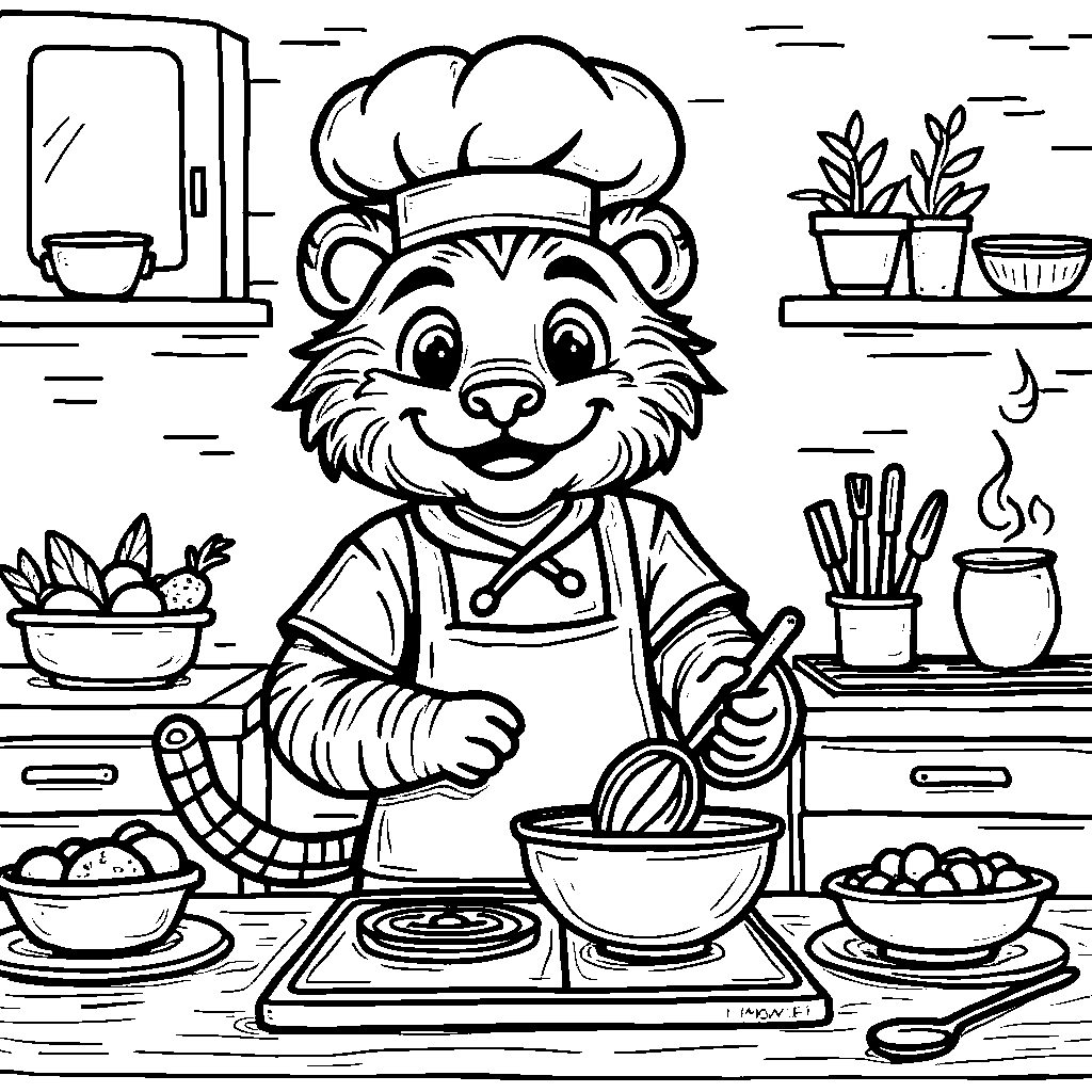 Tiger in a chef's hat cooking in a kitchen