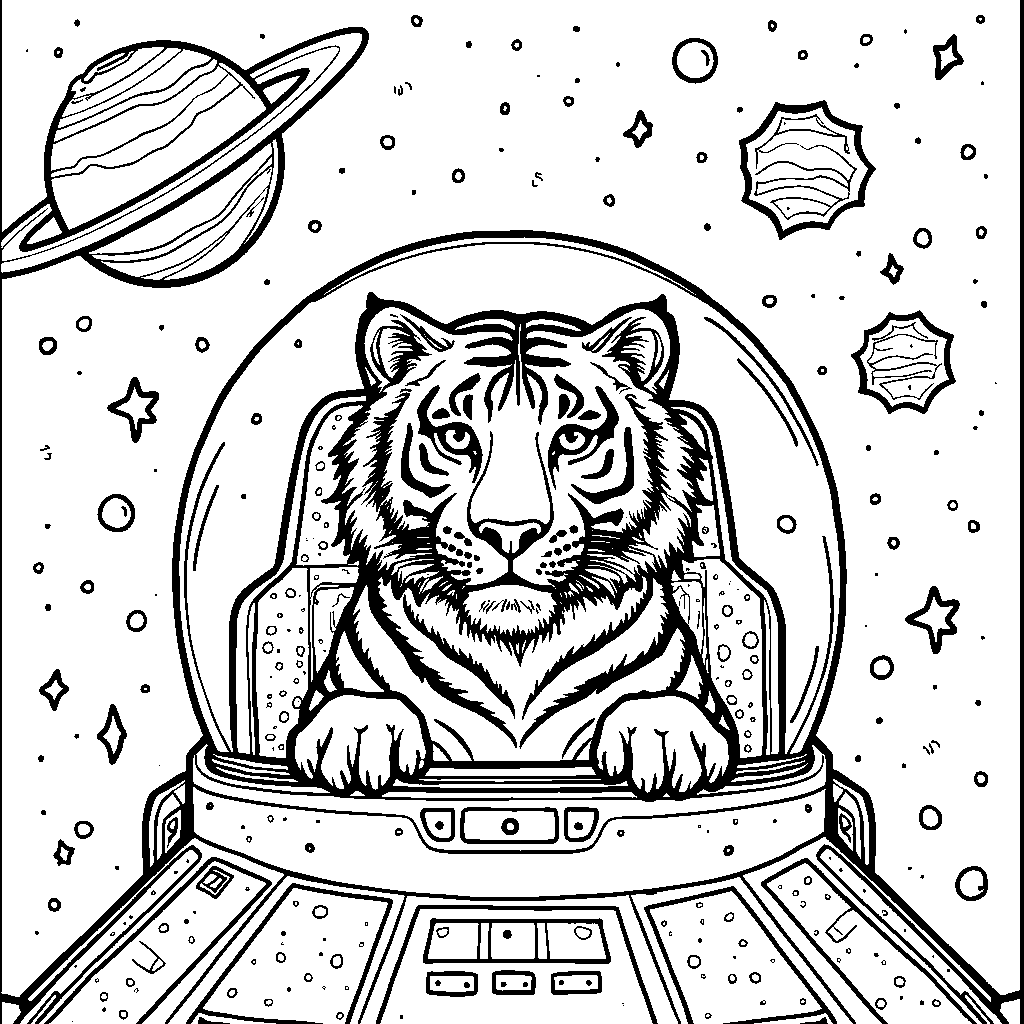 Tiger in a spaceship flying through the galaxy