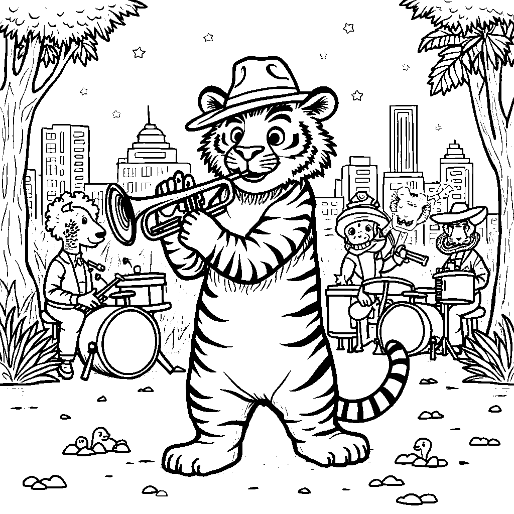 Tiger playing a trumpet in a jazz band