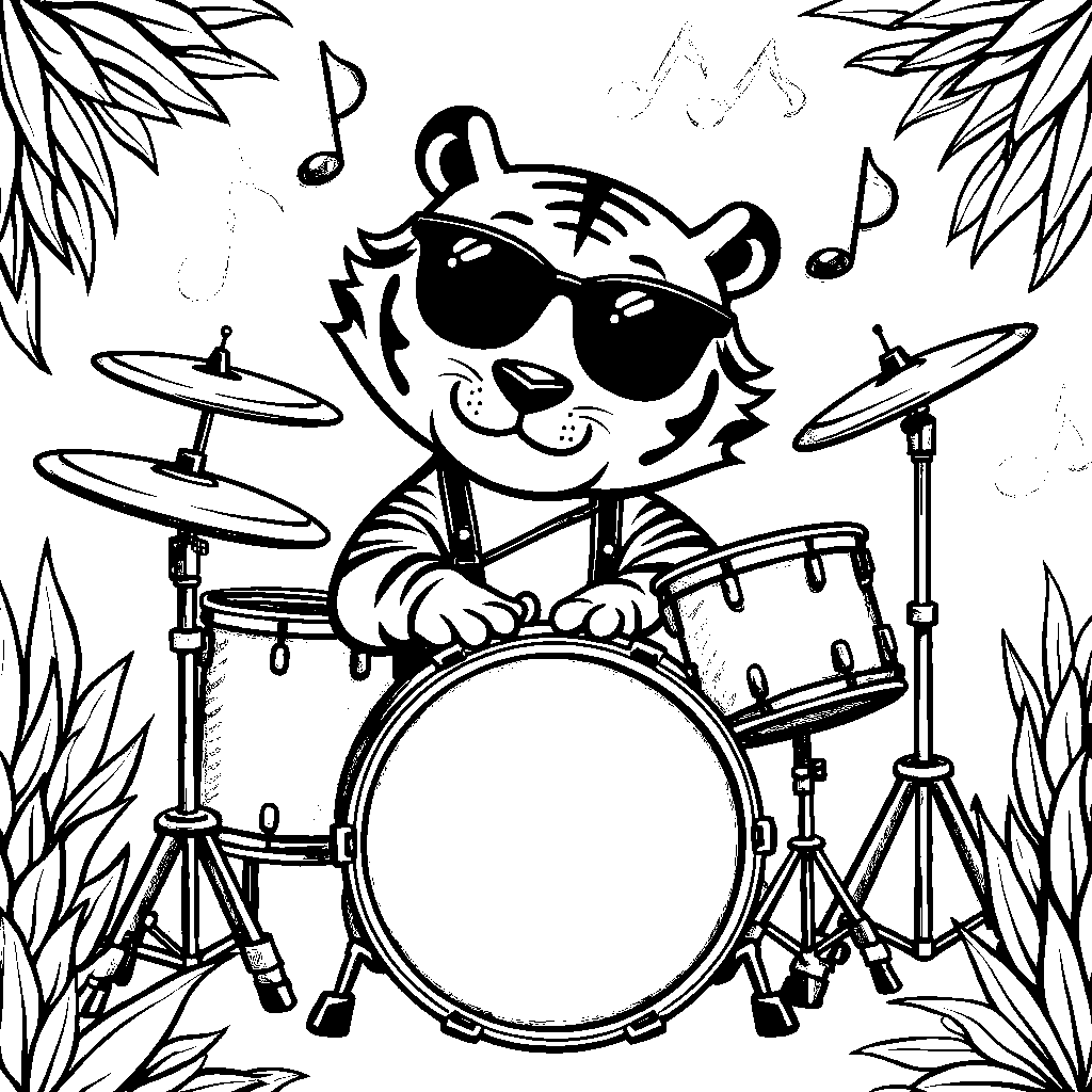 Tiger playing drums in a rock band