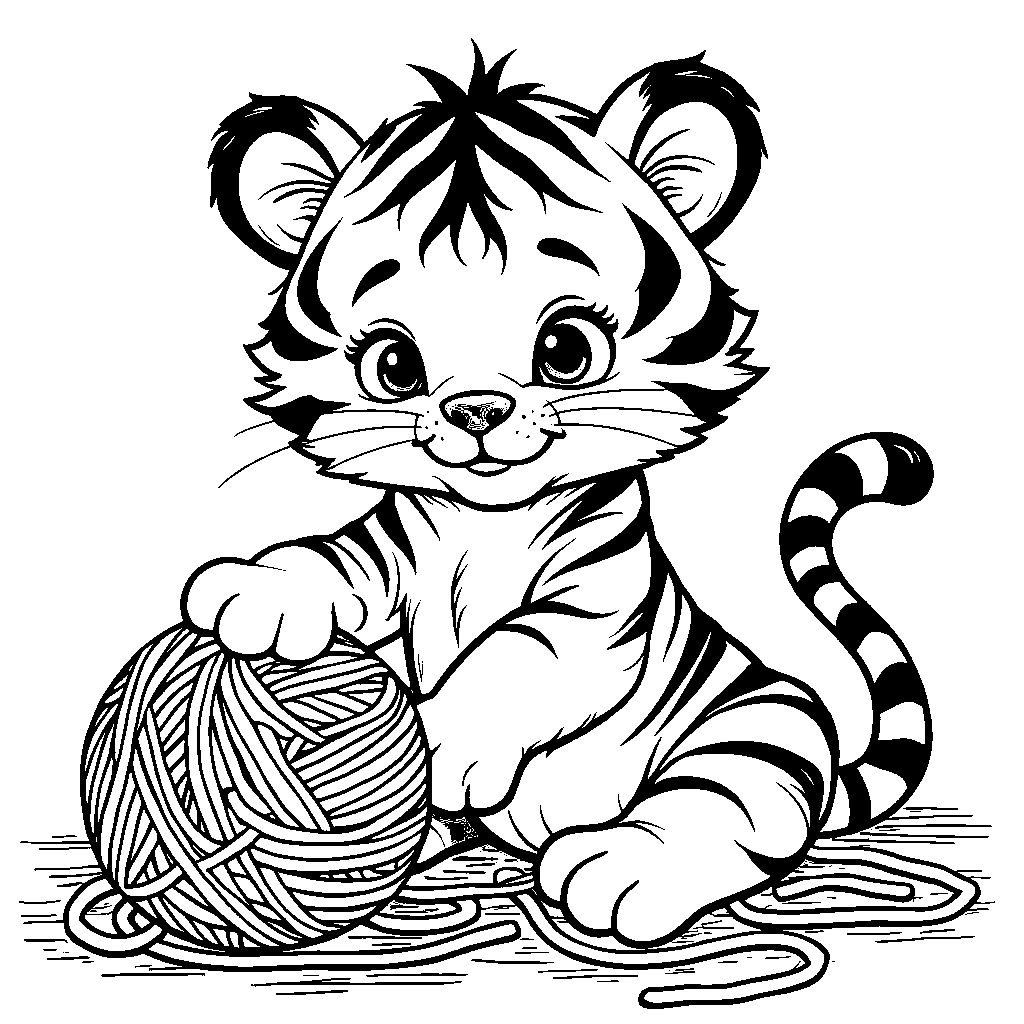 Tiger playing with a ball of yarn