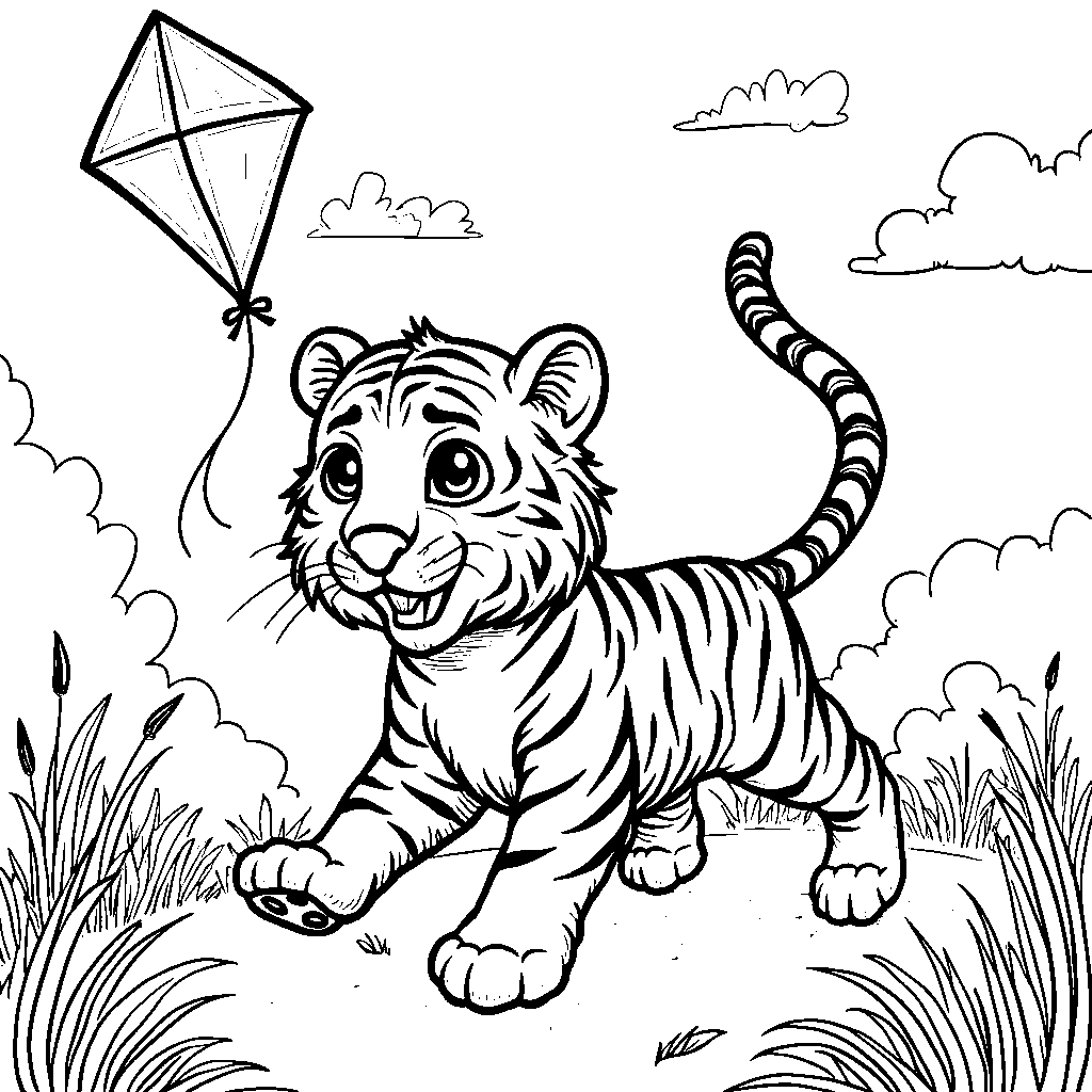 Tiger playing with a kite in the wind