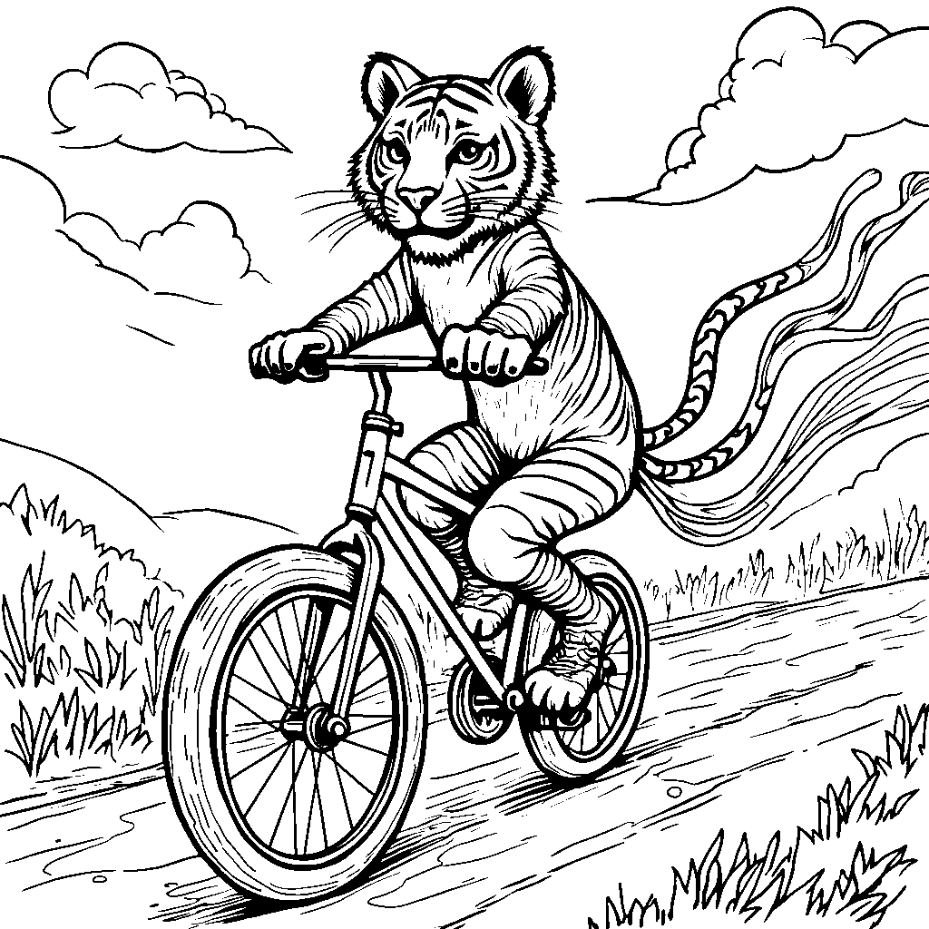 Tiger riding a bicycle with streamers on the handlebars