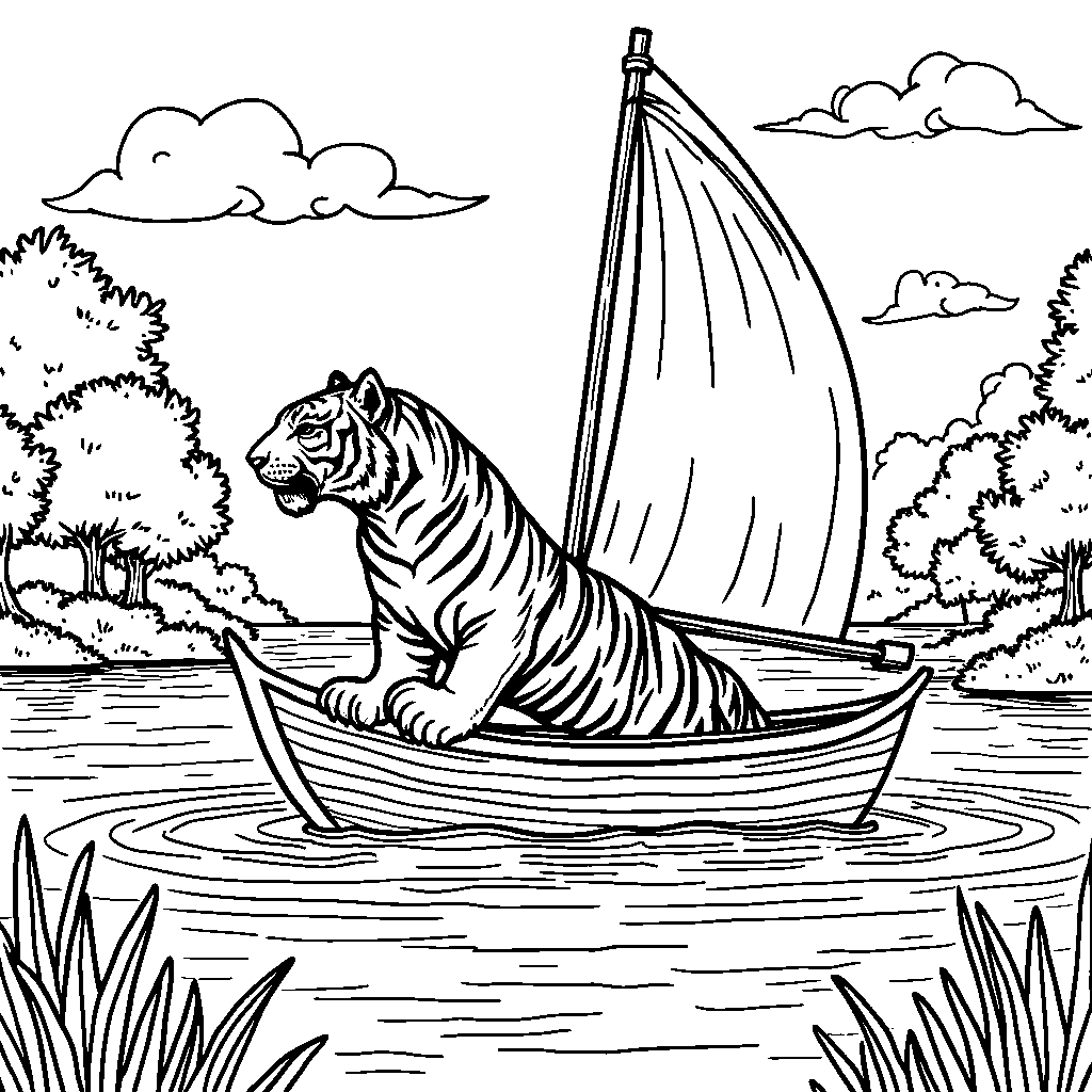 Tiger riding a boat on a lake