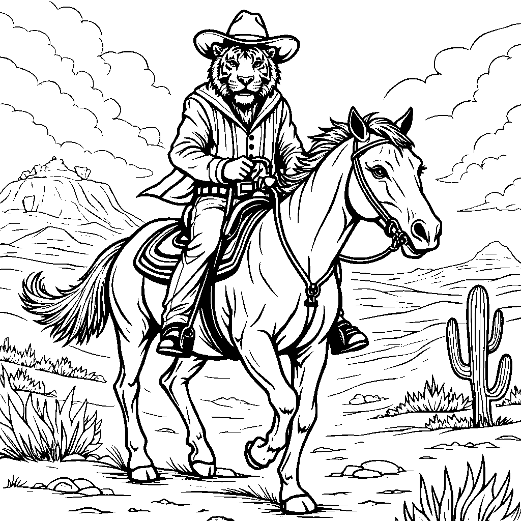 Tiger riding a horse through the Wild West