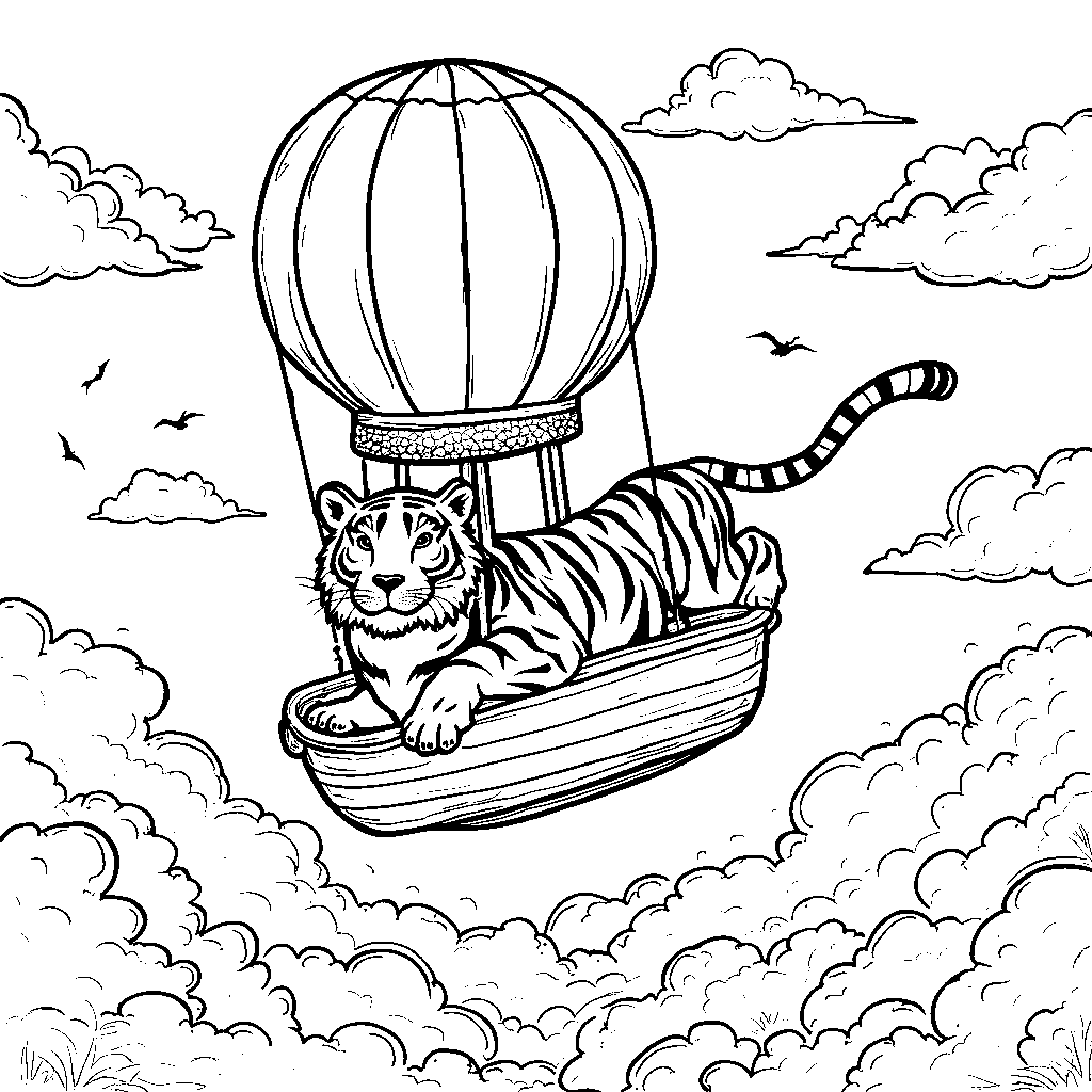 Tiger riding a hot air balloon