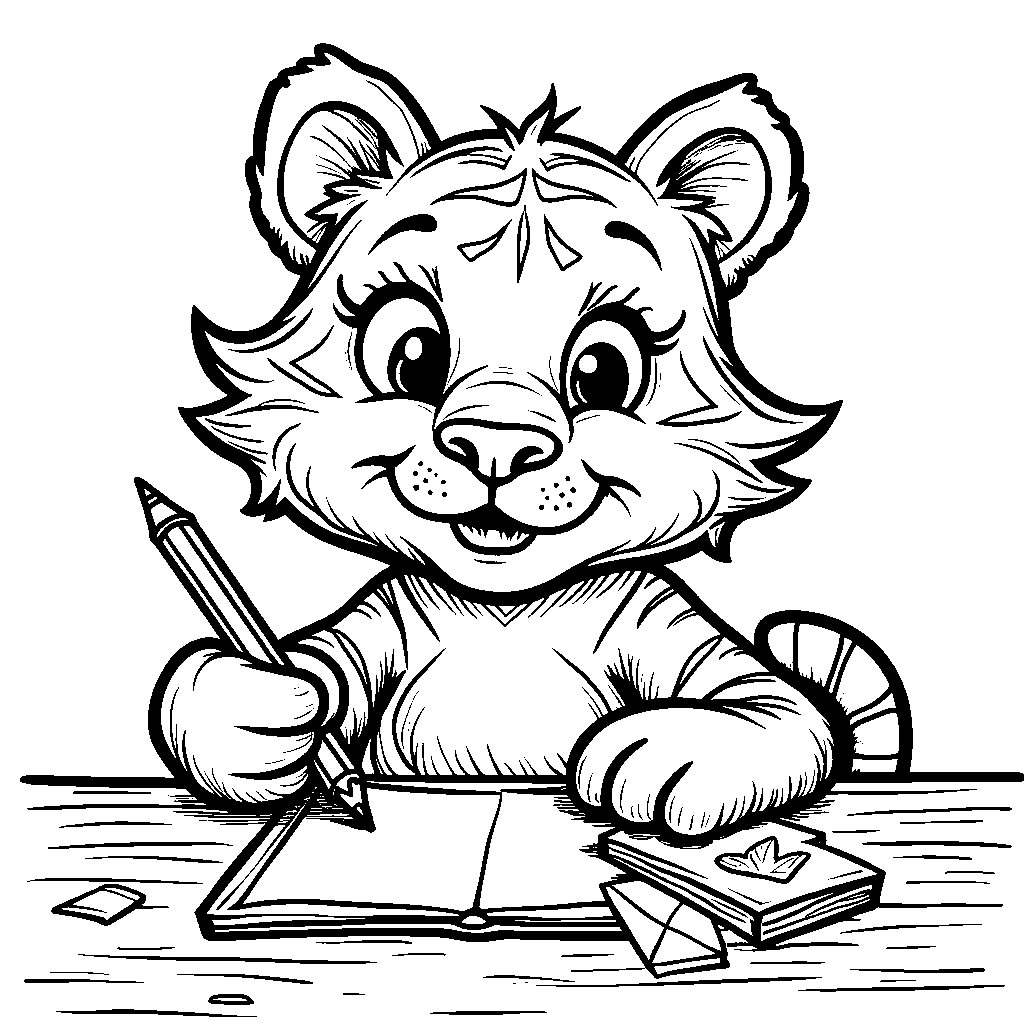 Tiger sitting at a desk with a pencil and paper