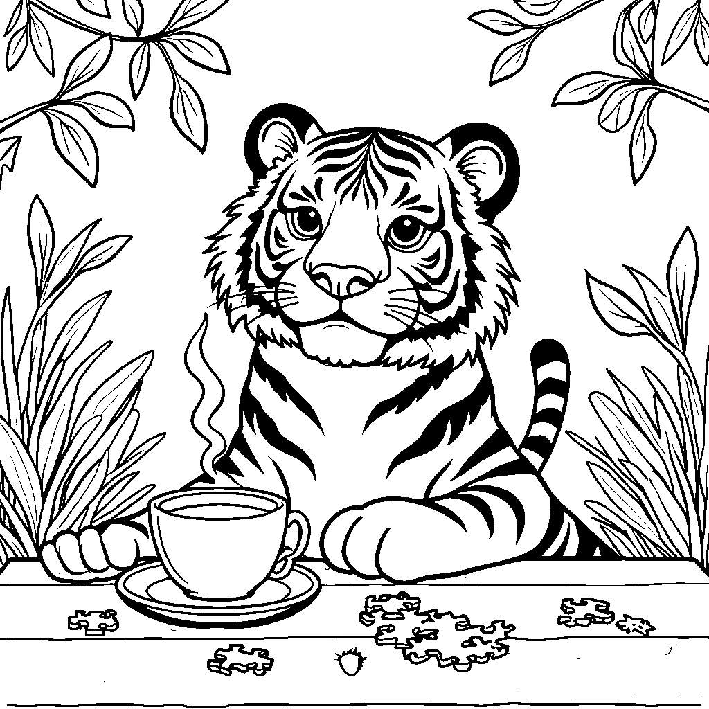 Tiger sitting at a table with a puzzle and a cup of tea