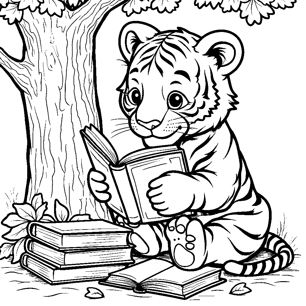 Tiger sitting in a tree reading a book