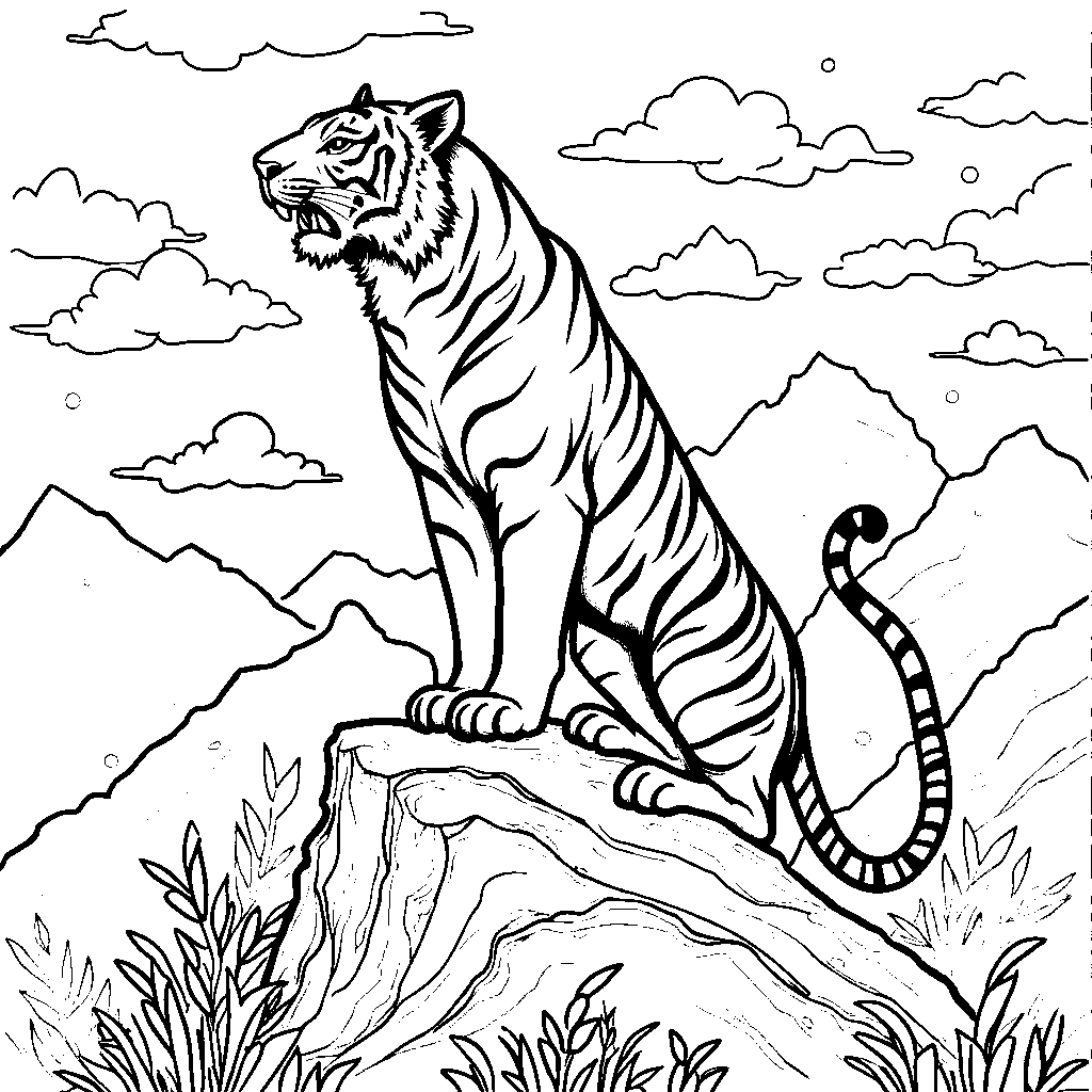 Tiger standing on a mountain peak with a flag