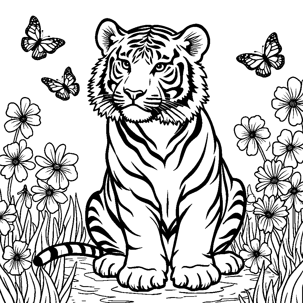 Tiger surrounded by butterflies and flowers