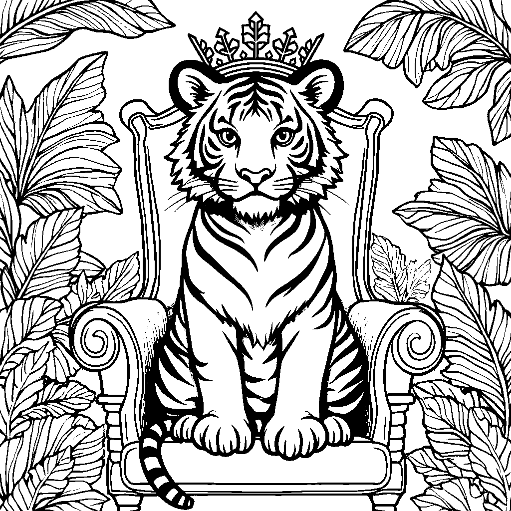 Tiger wearing a crown and sitting on a throne