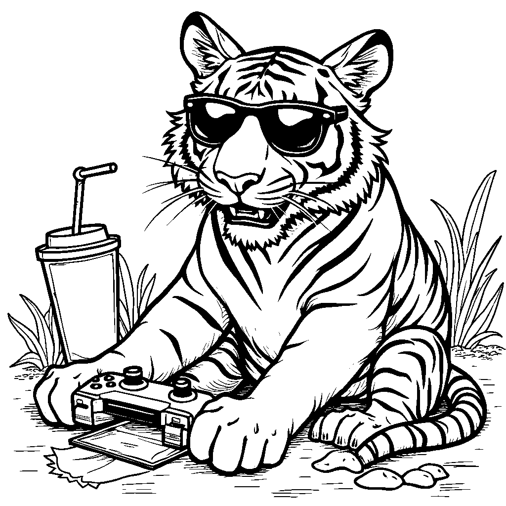 Tiger wearing a pair of sunglasses and playing video games