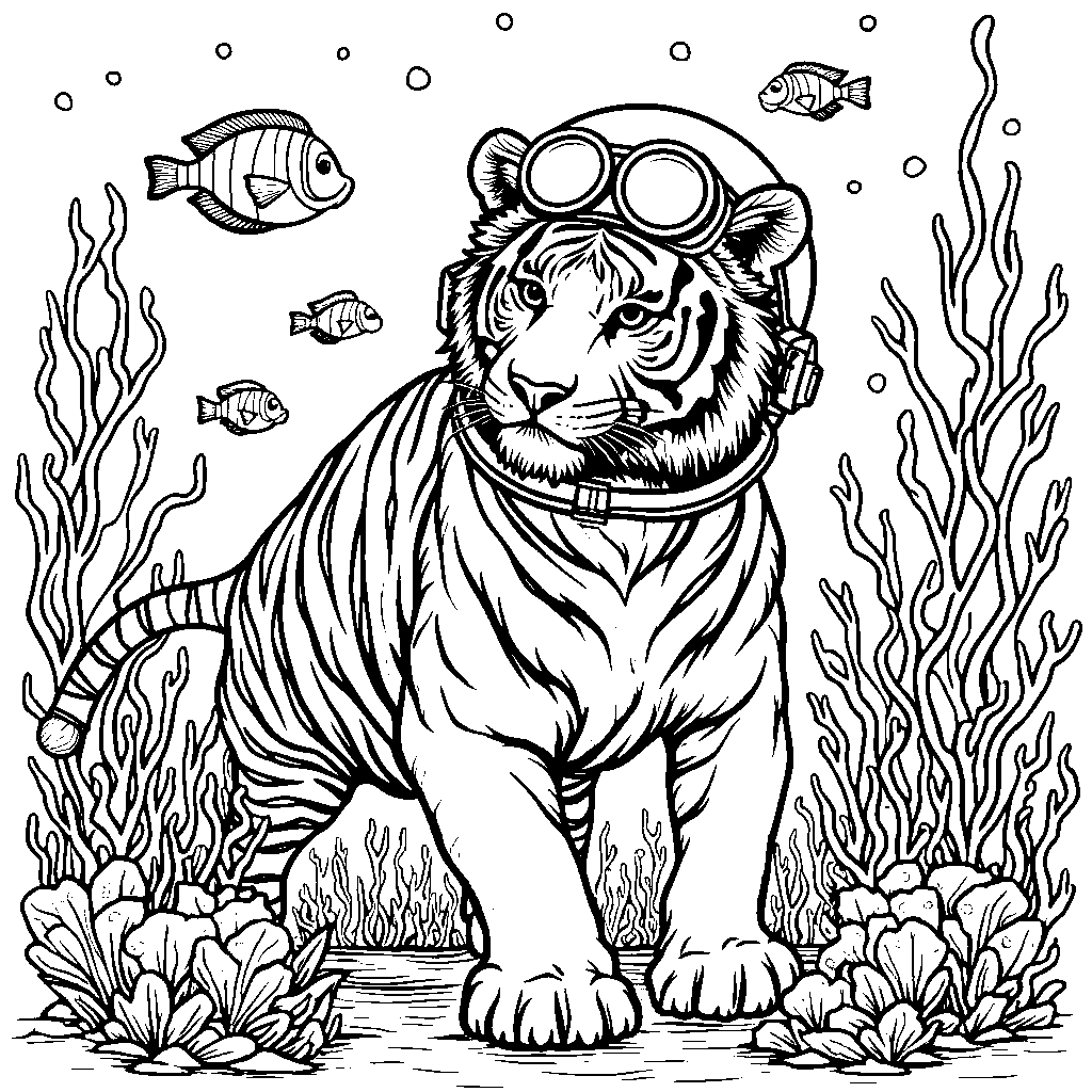 Tiger wearing a scuba diving helmet and swimming with fish