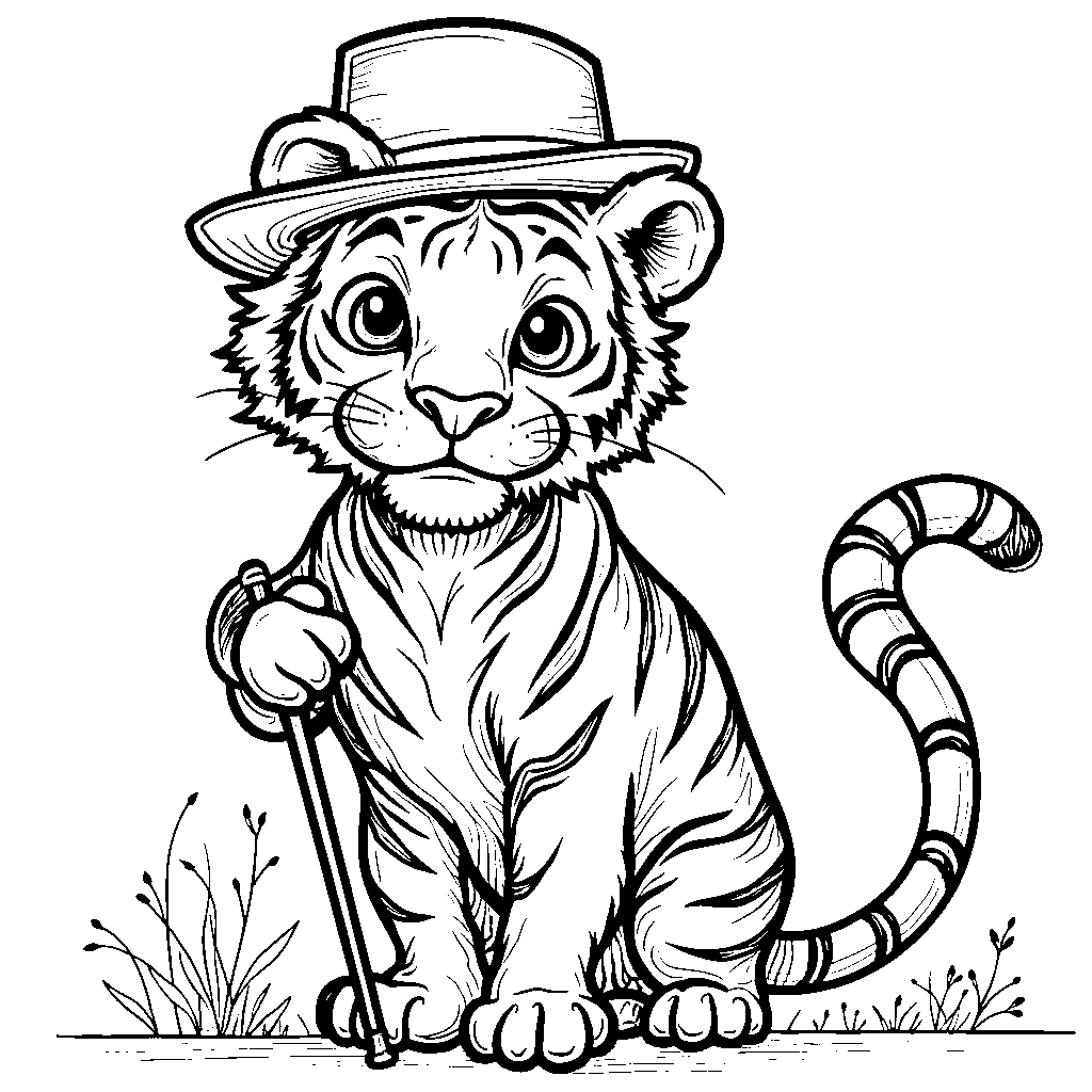 Tiger wearing a top hat and holding a cane