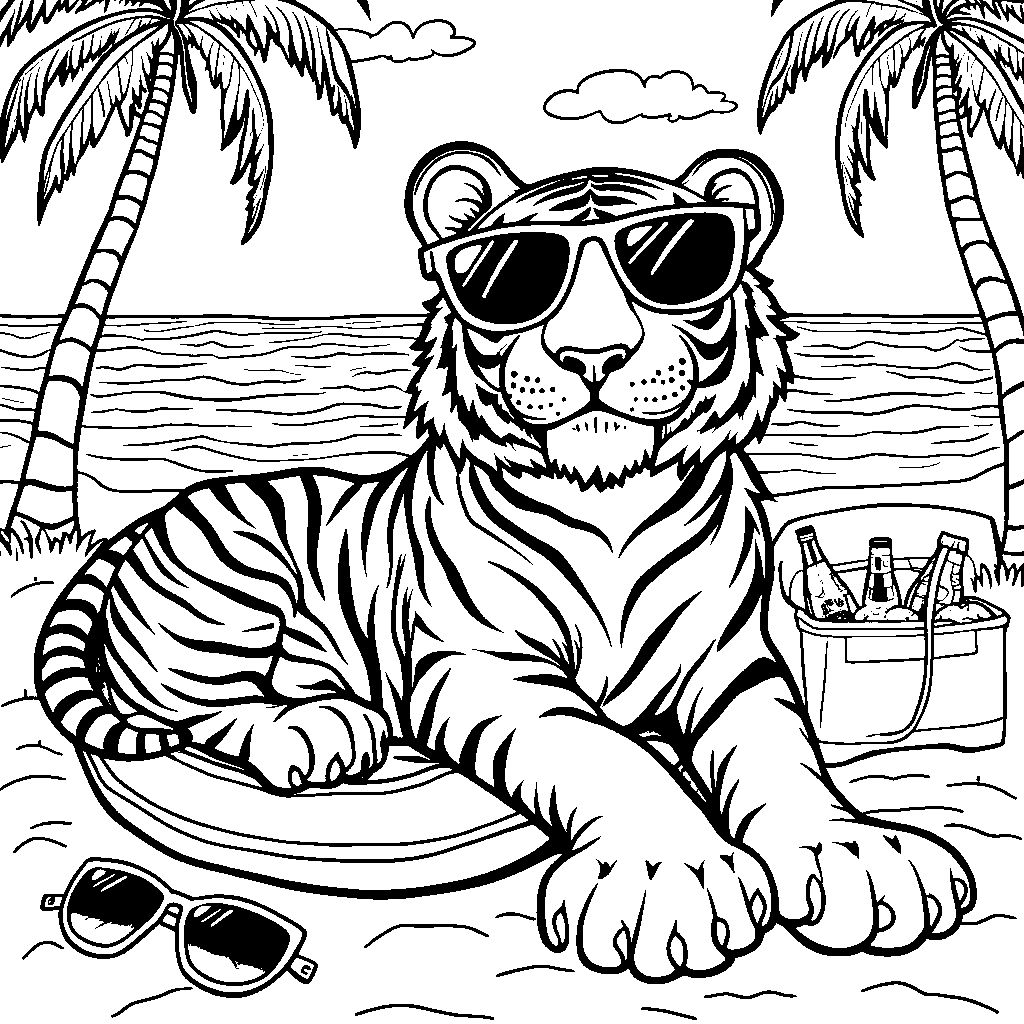 Tiger wearing sunglasses and relaxing on a beach