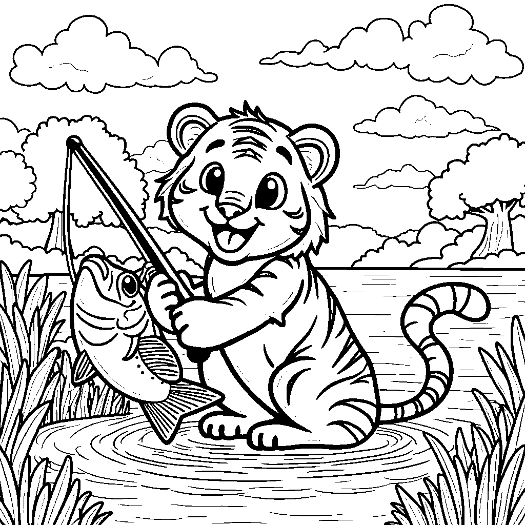 Tiger with a fishing rod and a big catch