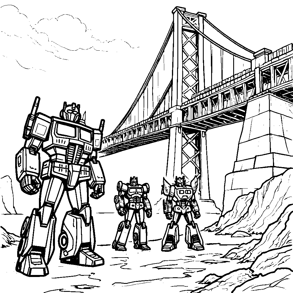 A group of Autobots and Decepticons working together to build a bridge