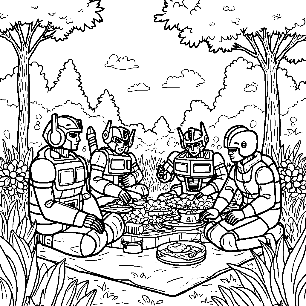 A group of Autobots having a picnic in a beautiful meadow