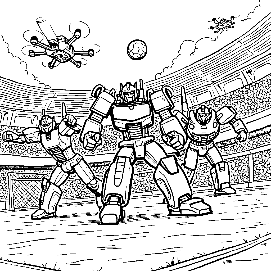 A group of transformers playing soccer in a futuristic stadium