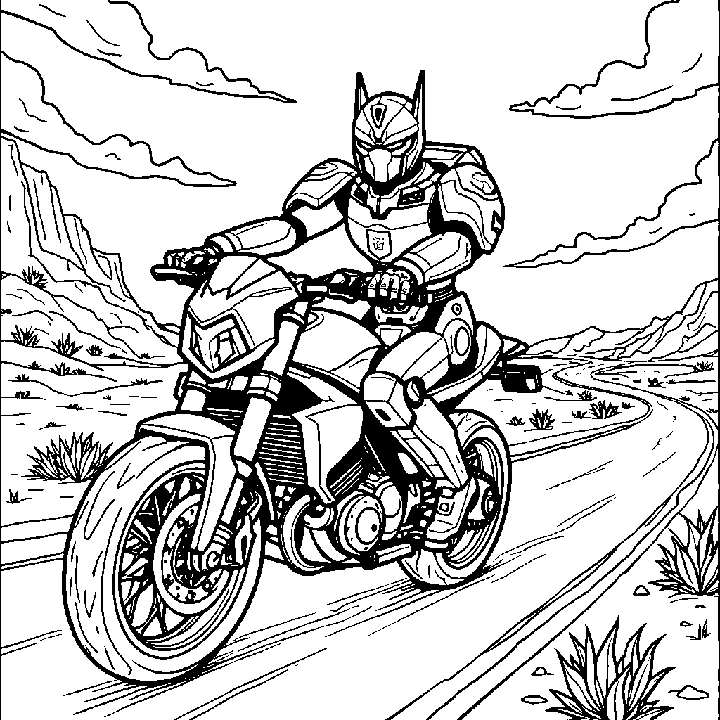 Arcee riding a motorcycle on a desert highway