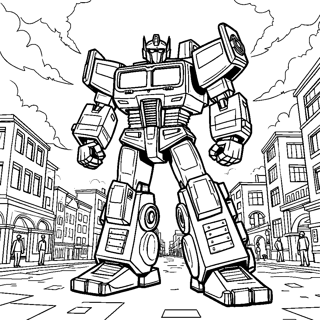 Defensor, the Autobot combiner, protecting a group of humans