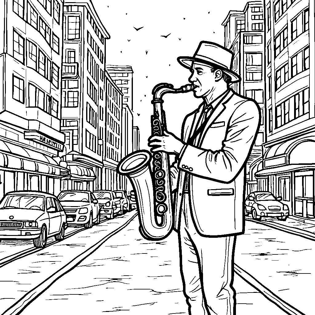 Jazz playing a saxophone on a city street at night