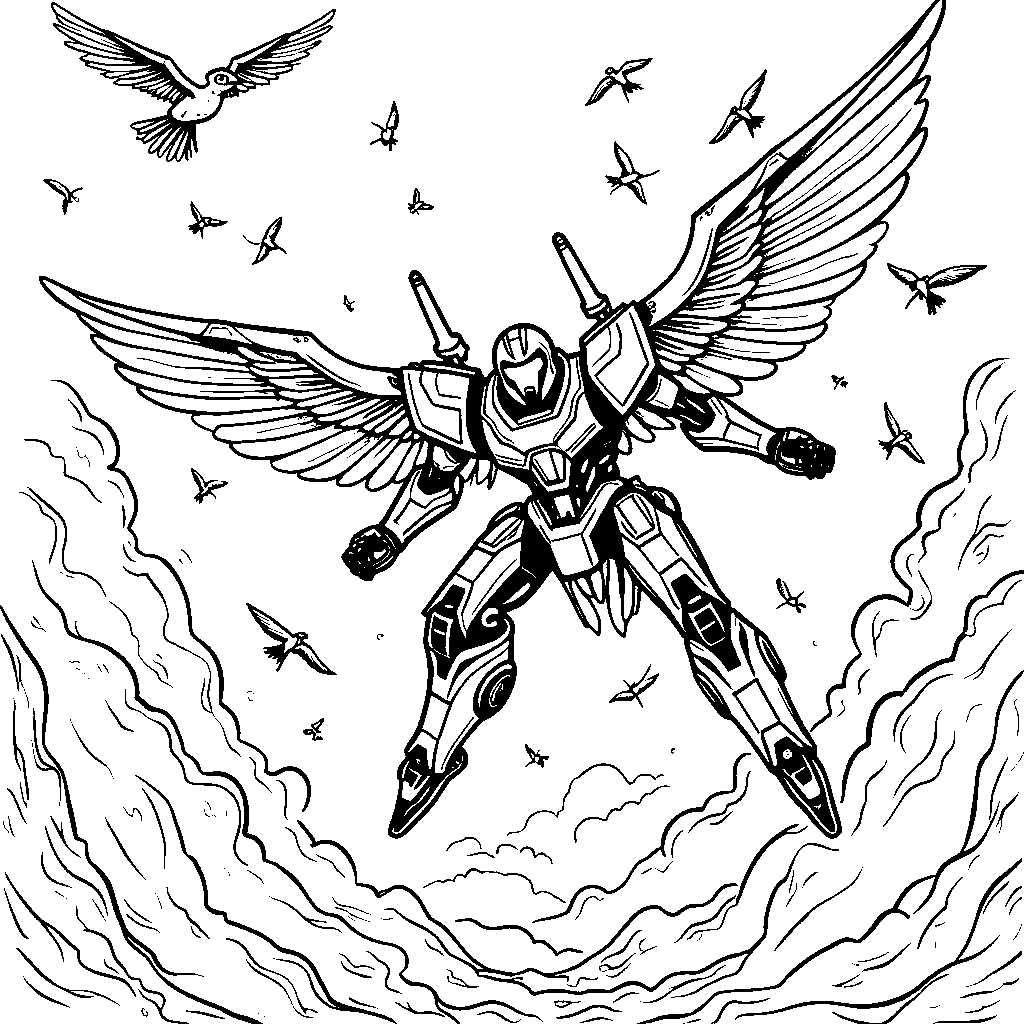 Laserbeak flying through a flock of birds in the sky