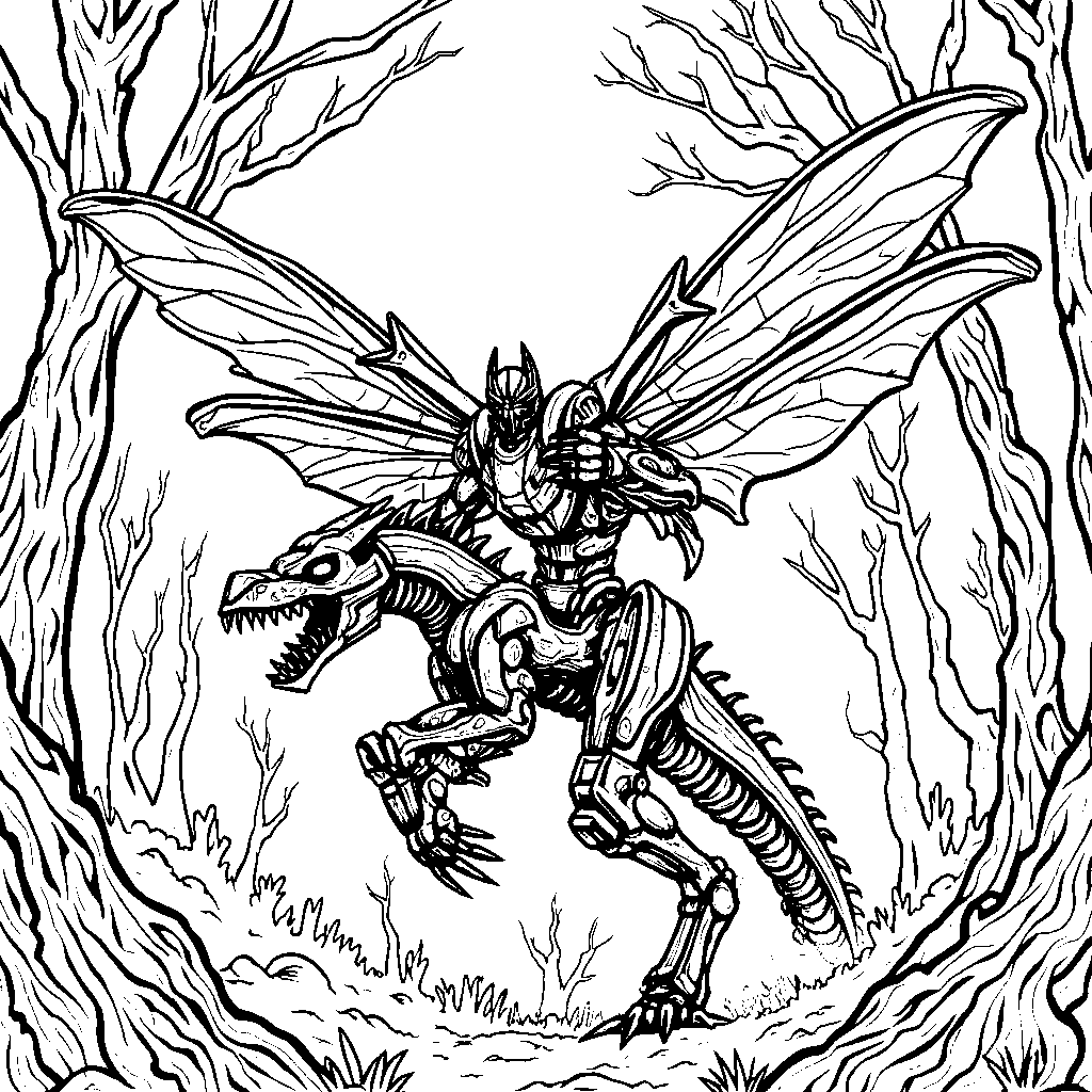 Megatron riding a giant dragonfly in a dark forest