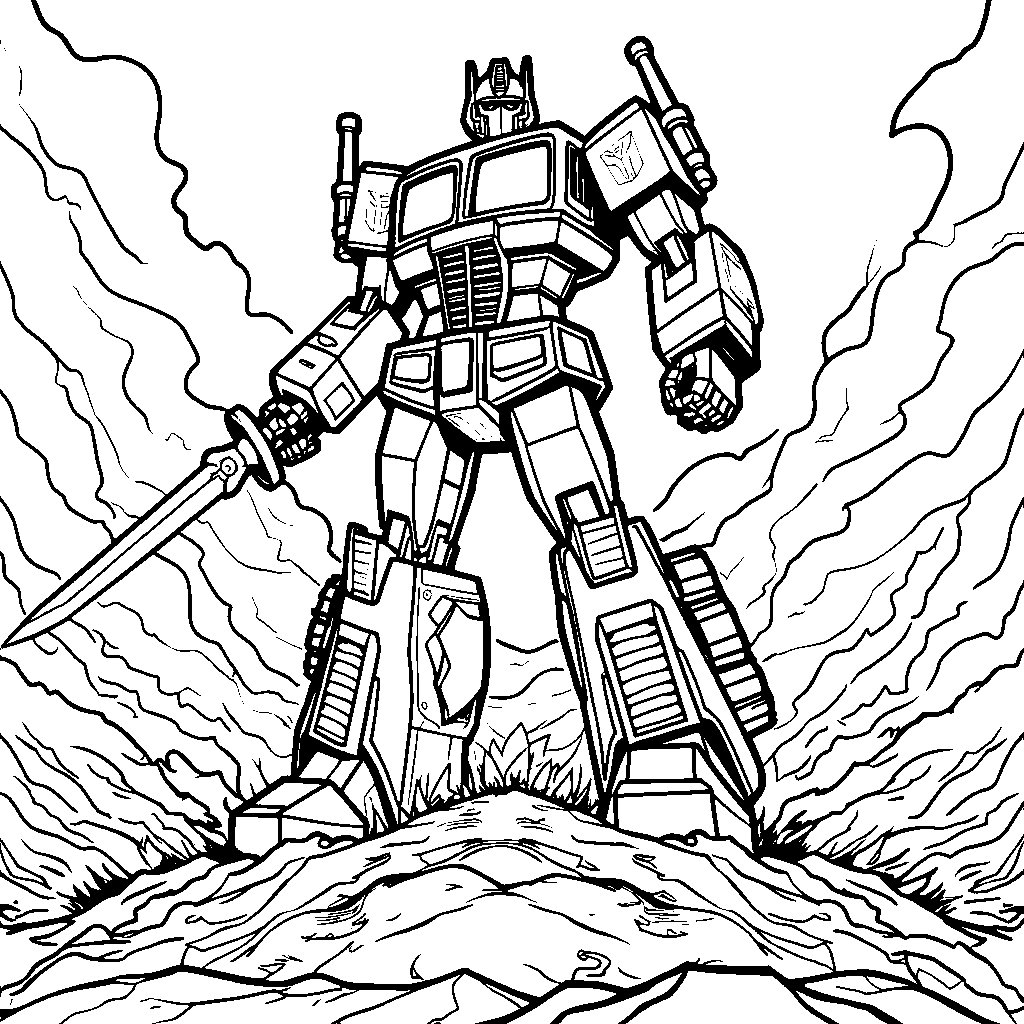 Optimus Prime standing victorious on a mountain of defeated Decepticons