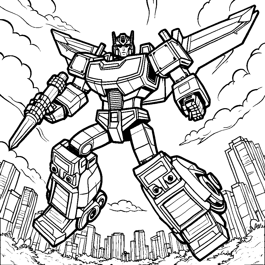 Superion, the Autobot combiner, flying through the skies