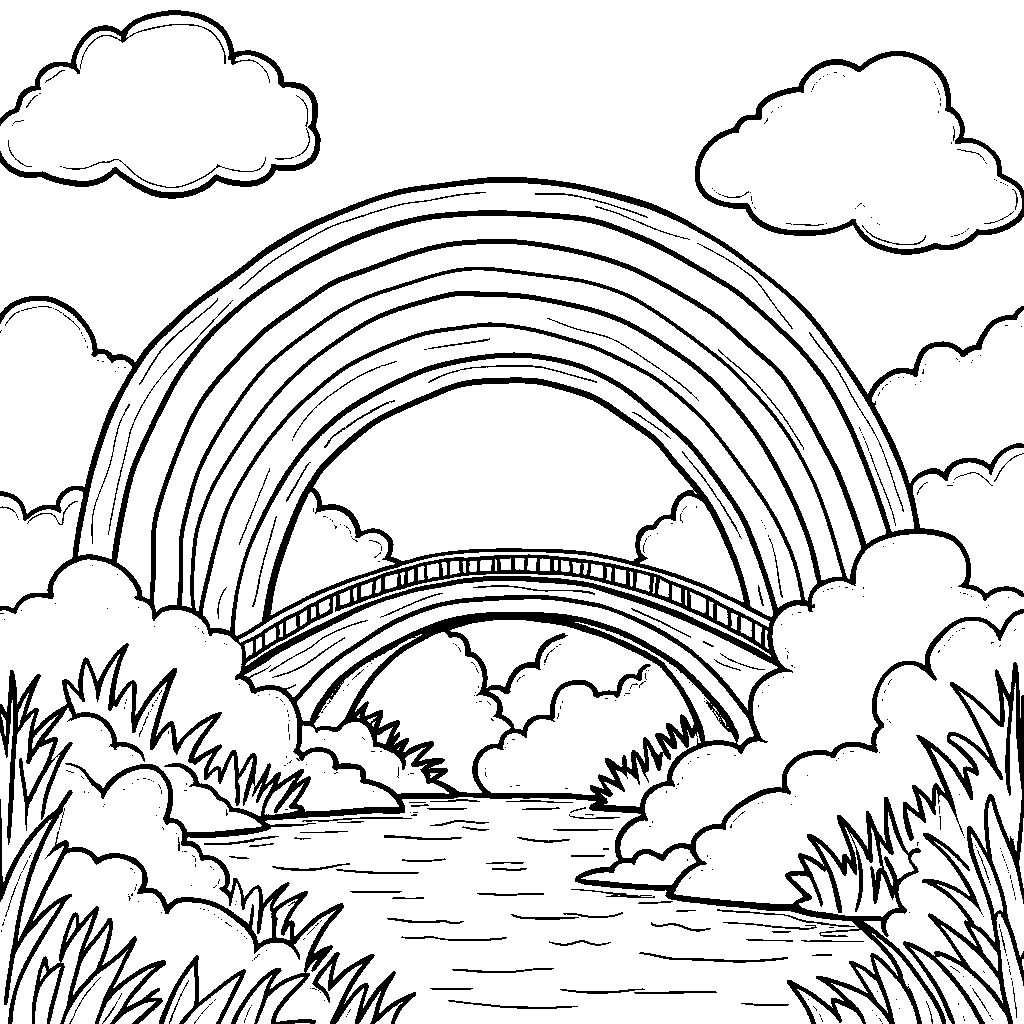 A dreamy landscape featuring a rainbow bridge and fluffy clouds