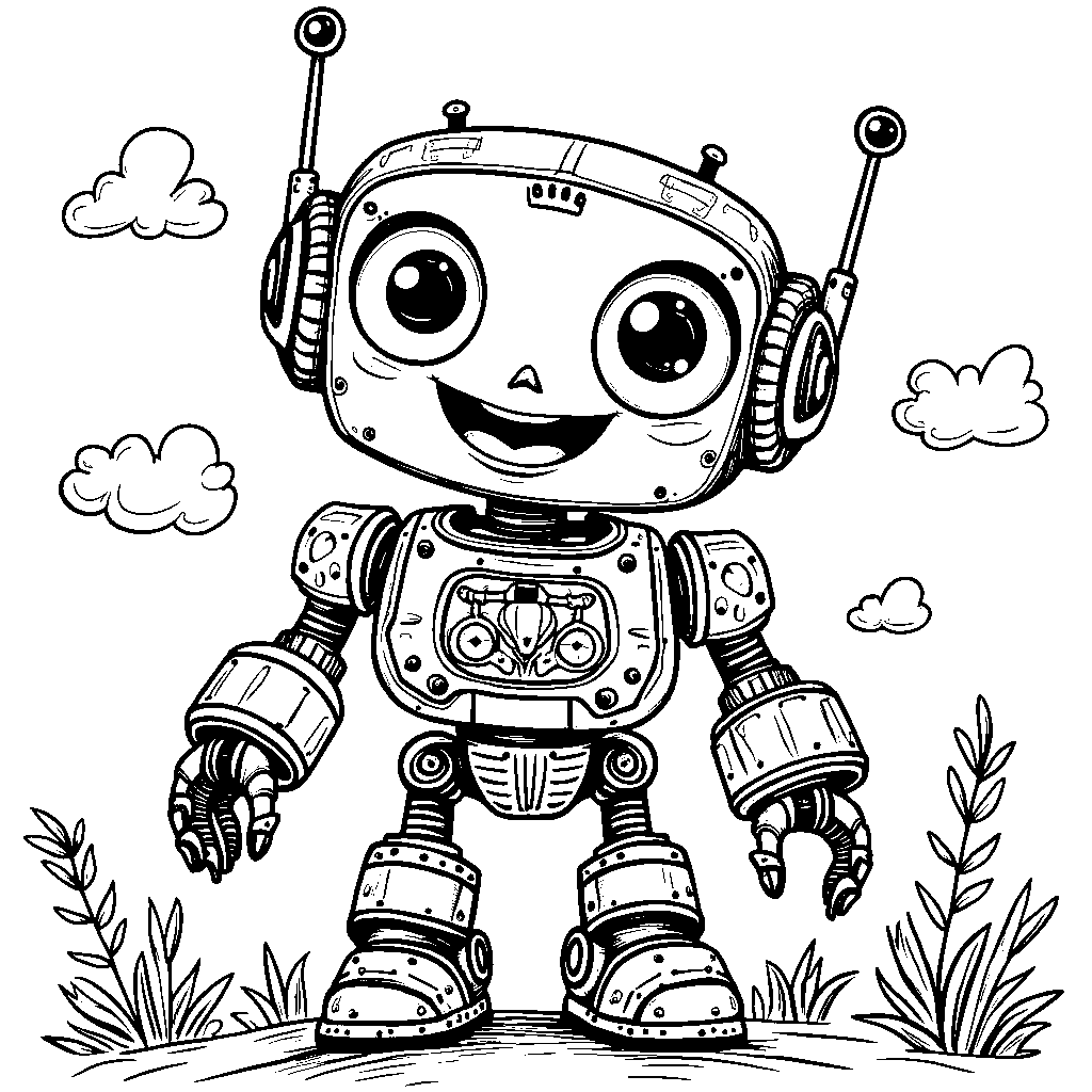 A funky robot with gears, patterns, and a big friendly smile