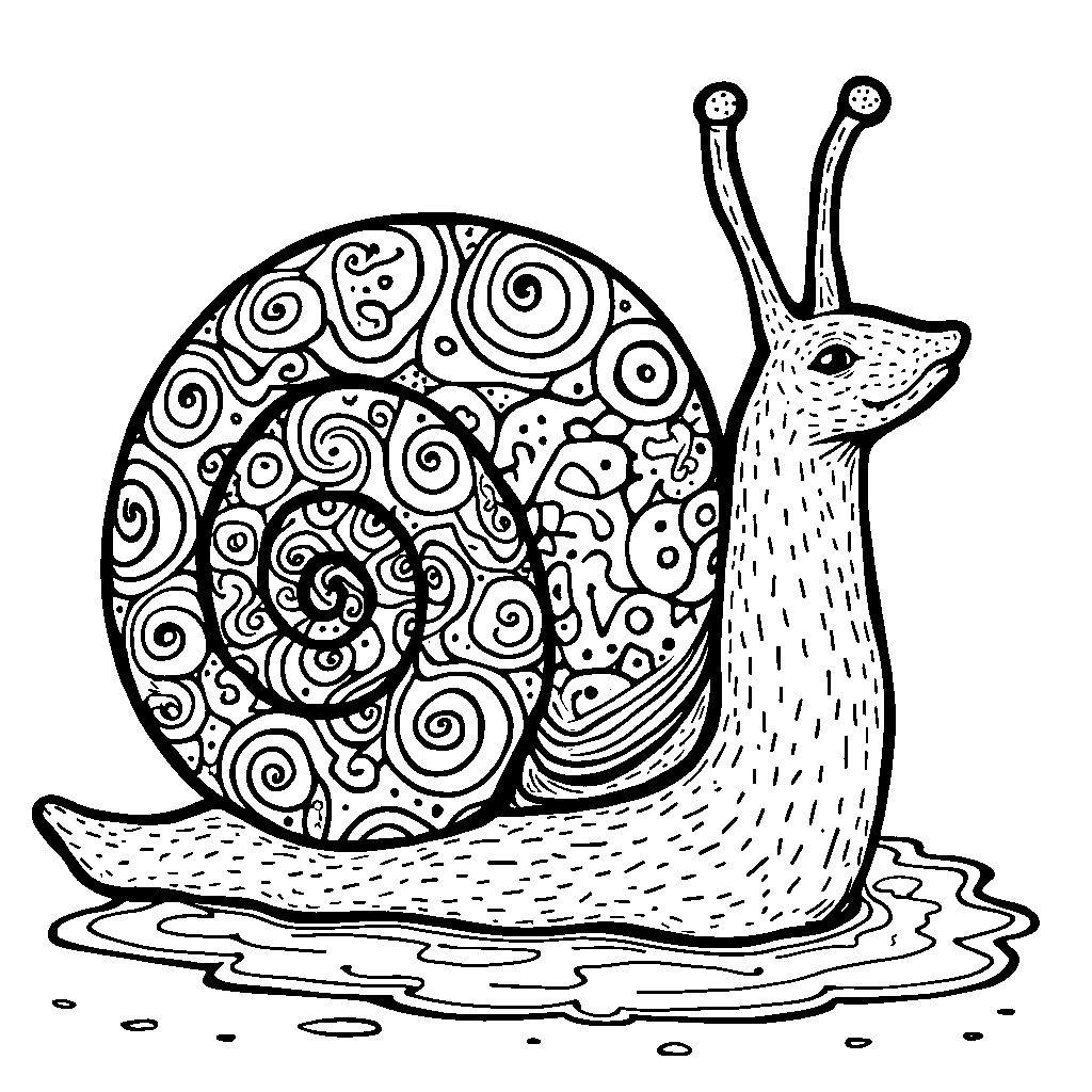 A funky snail with a spiraled shell and funky designs