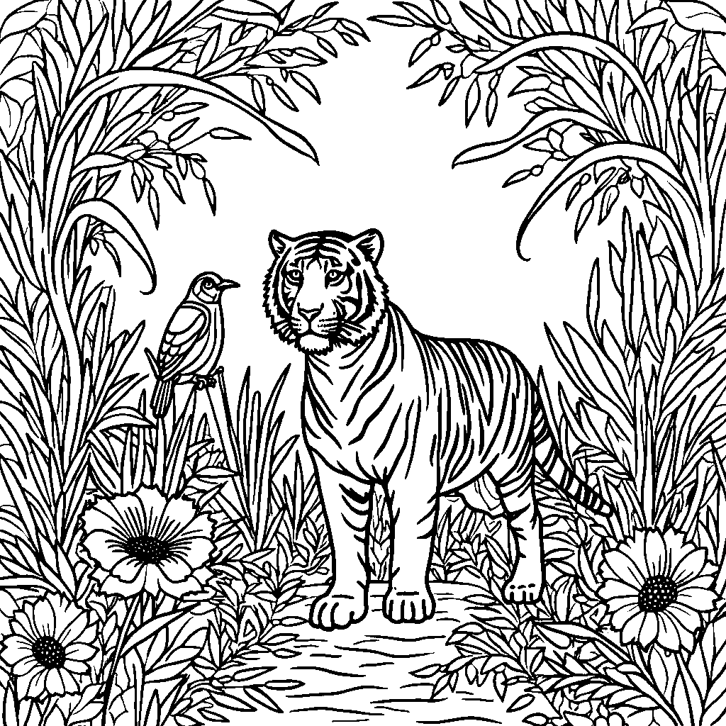 A jungle filled with unique animals, plants, and colorful patterns