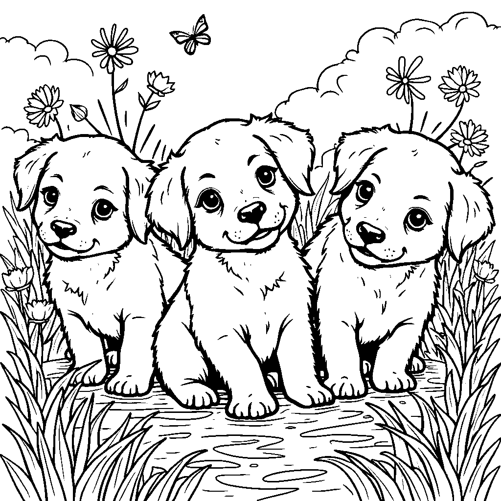 a playful group of puppies exploring a colorful meadow