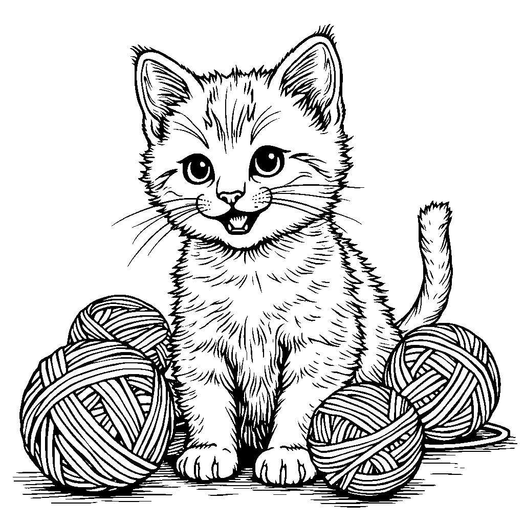 A playful kitten surrounded by yarn balls in psychedelic colors