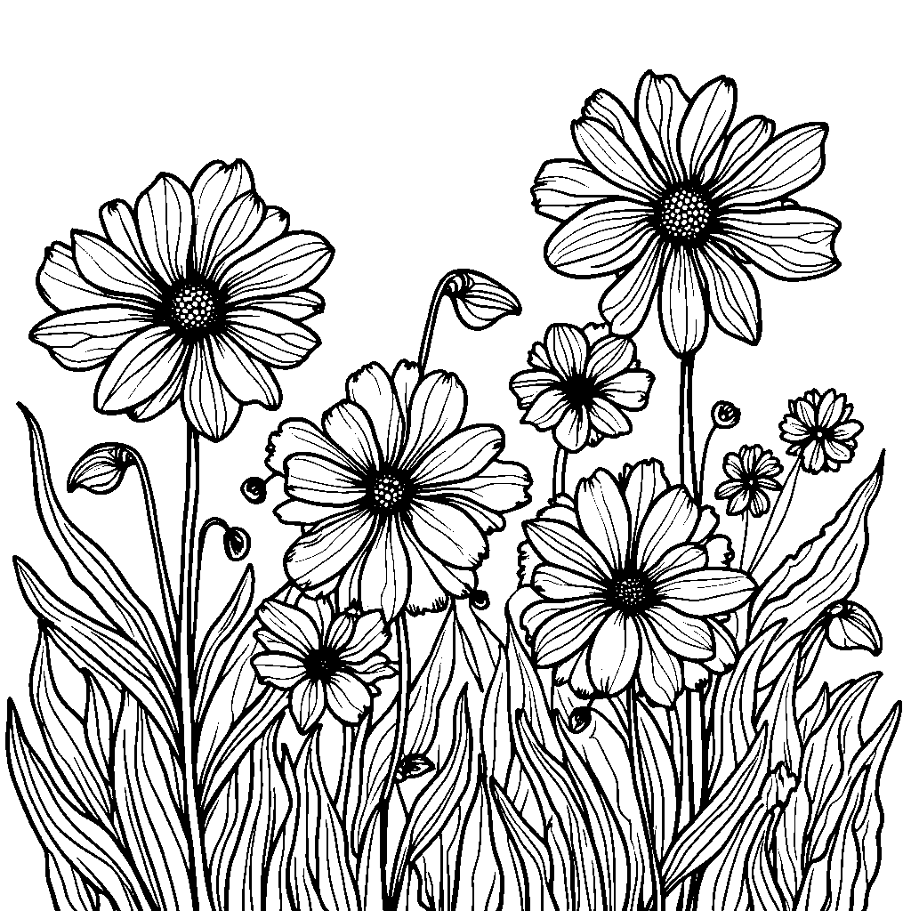 An abstract garden with flowers having unique, spiraled petals