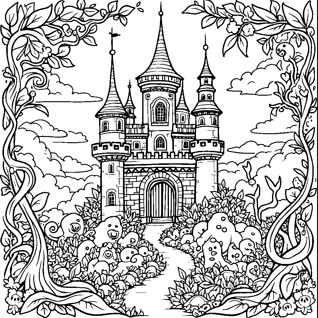 An enchanted castle surrounded by swirling vines and magical creatures