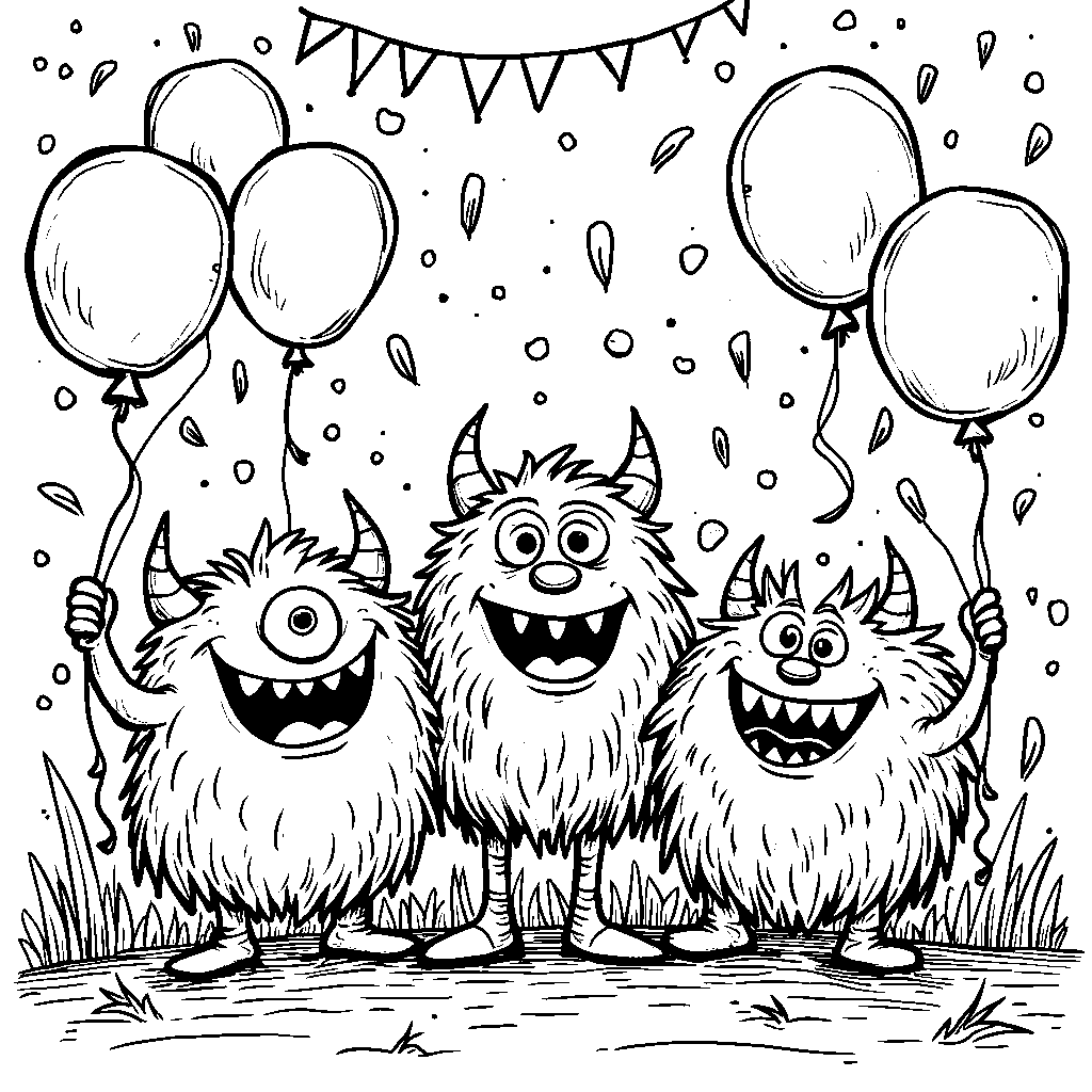 A group of friendly monsters having fun at a colorful party