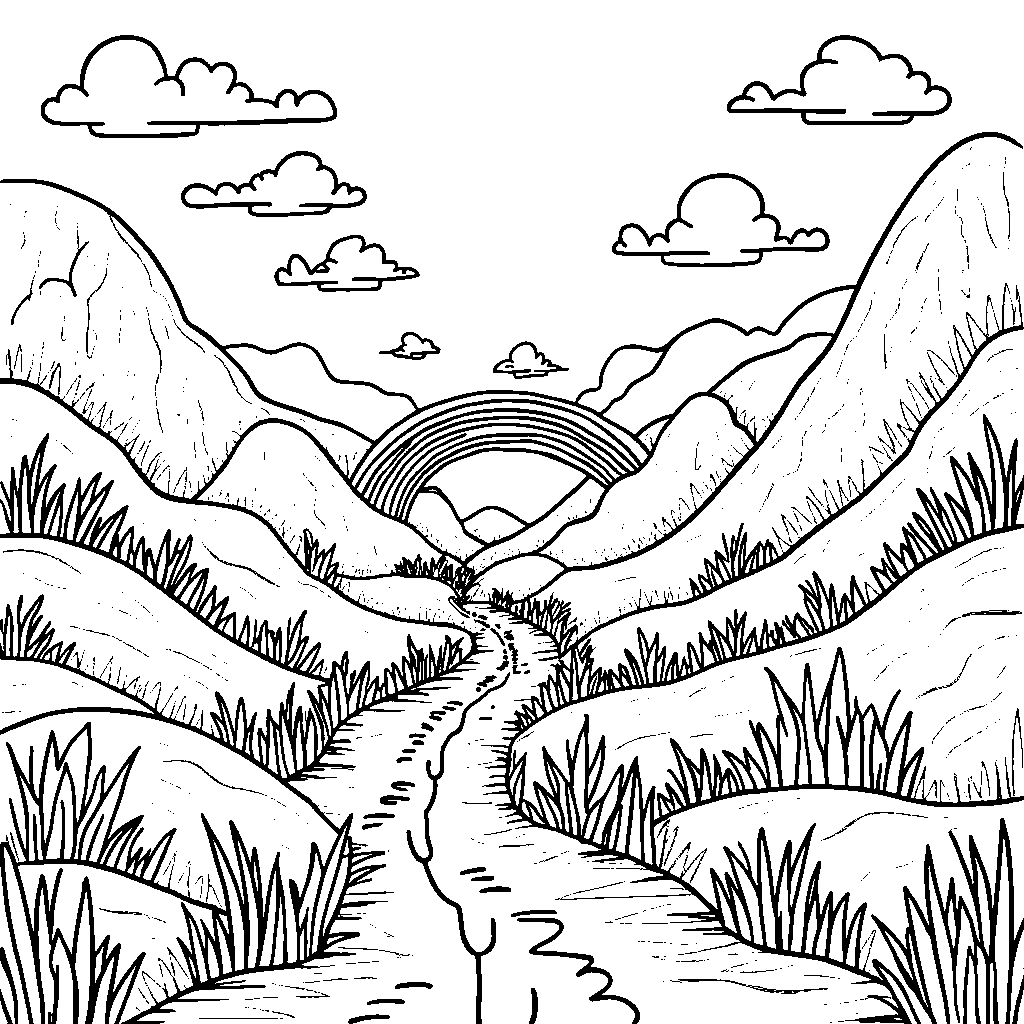 A fun landscape with bouncy hills and rainbow-colored pathways