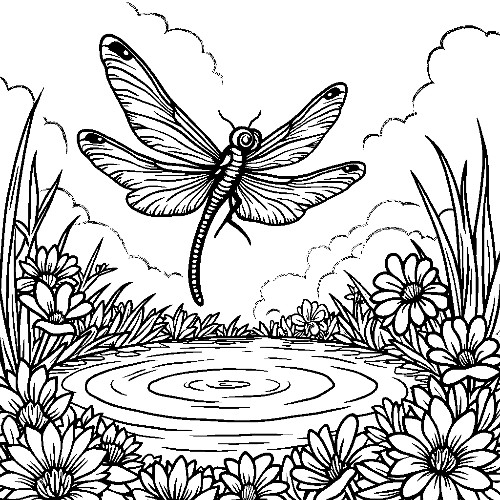 A playful dragonfly dancing over a whimsical pond