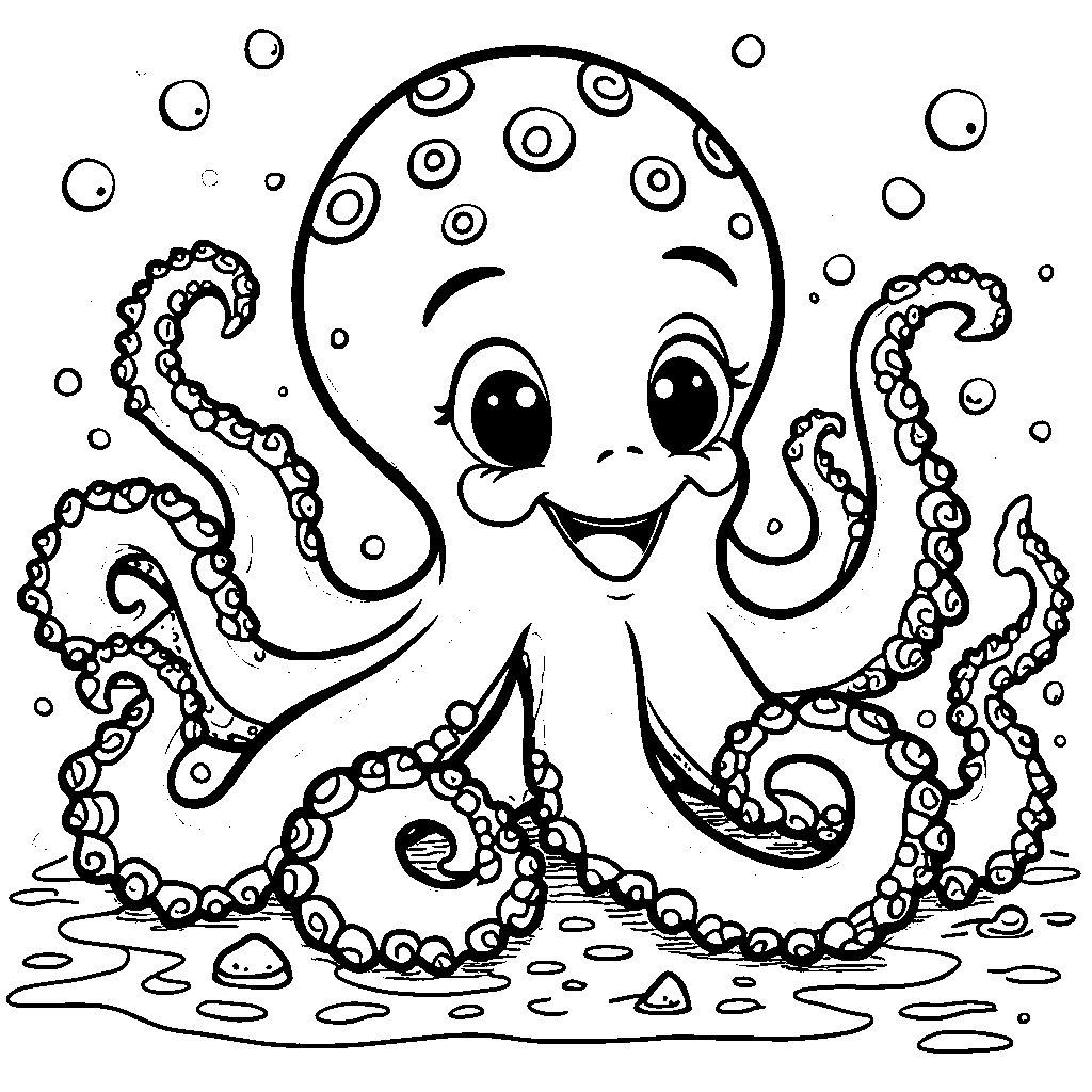 A playful octopus with spiraled tentacles and a smiling face