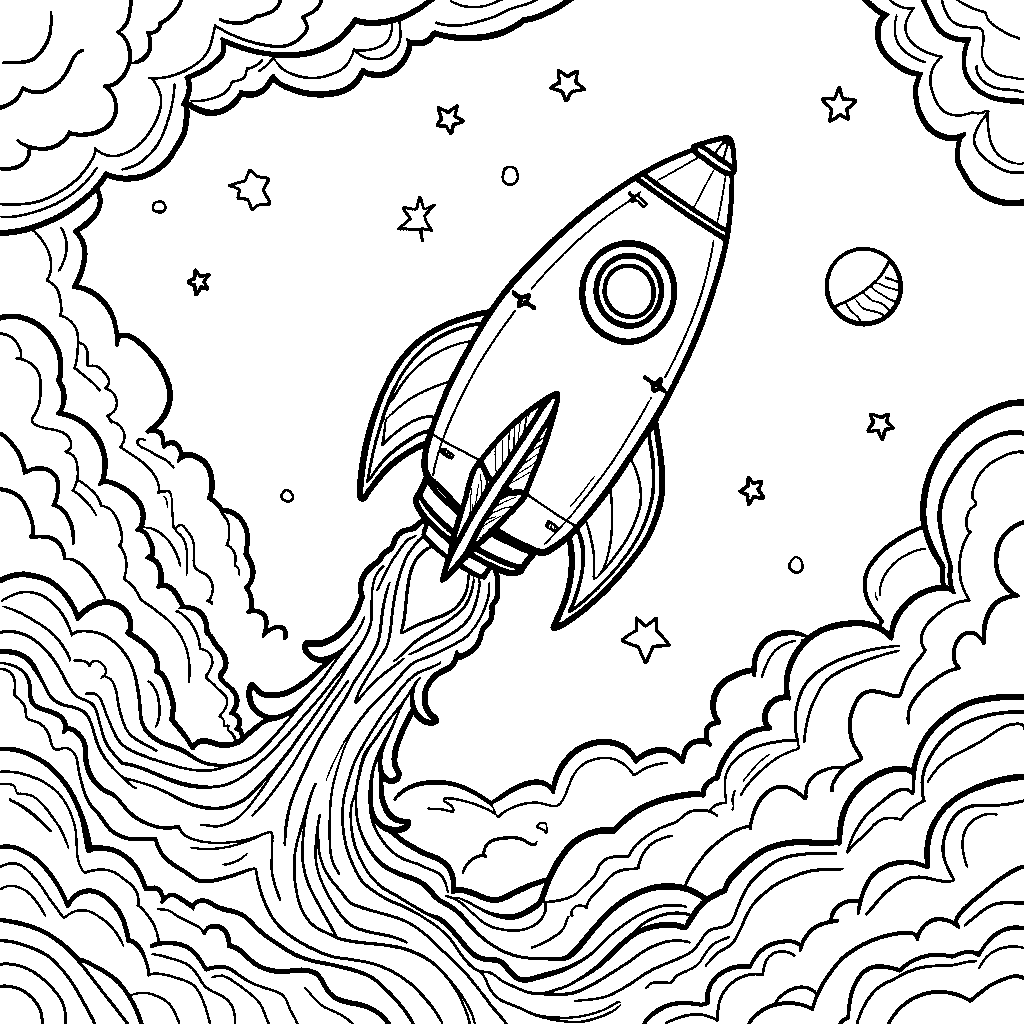 A space scene with a rocket ship flying through psychedelic clouds