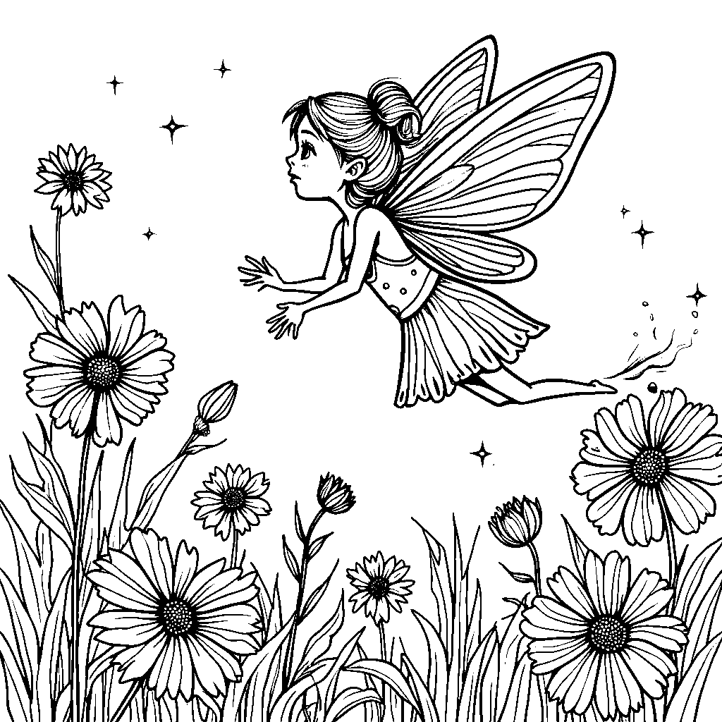 A whimsical fairy flying over a garden of oversized flowers