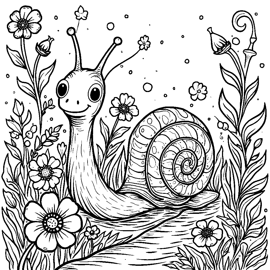 A whimsical snail trail filled with vibrant flowers and swirls